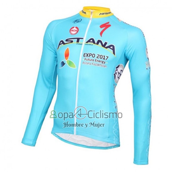 Astana Ropa Ciclismo Culotte Largo 2016 Mangas Largas Azul Claro y AMarillo